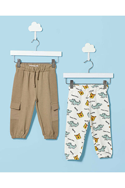 REDTAG Infant Boy Beige And Ivory Dino Printed 2 Pack Track Pants