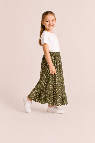 DUBAİ ÇOCUK Girl's Long Skirt Summer Patterned Elastic Waist Comfortable Loos...