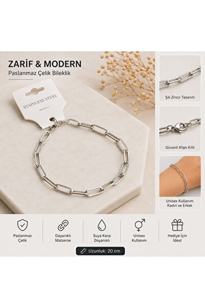 stainles steel Paslanmaz Çelik Ataç Zincir Bileklik – Unisex Gümüş Renk Link ...