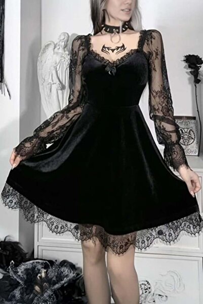 BALİNA Siyah Vintage Gotik Dantel Kollu Fiyonklu Kadife Elbise