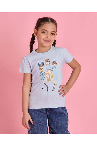 REDTAG Girls Blue Graphic Print T Shirt