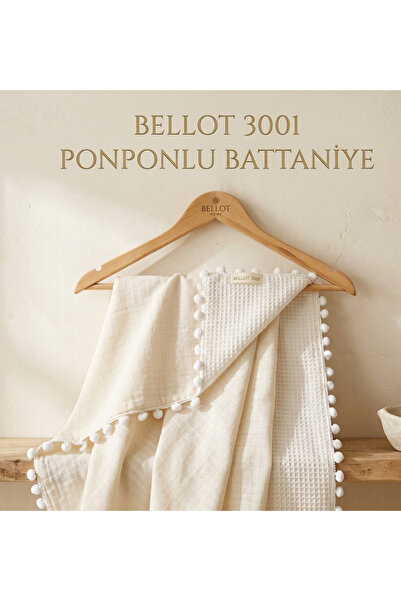 BAMBIK Bellot 3001 Krem Müslin Pike Bebek Battaniyesi - Ponponlu Çift Taraflı