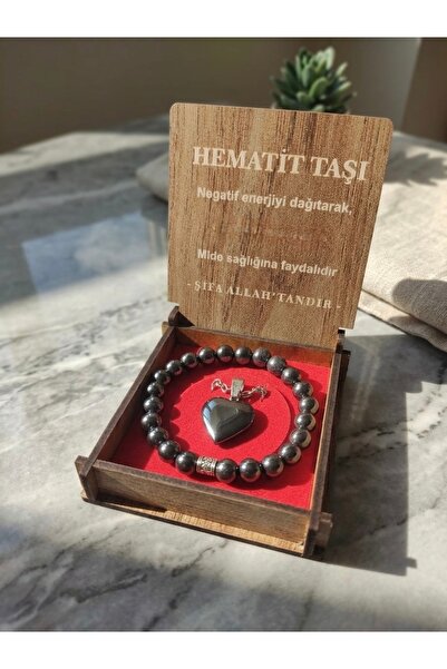 Meneva Aksesuar Hematite Stone Natural Stone Necklace and Bracelet Set with W...