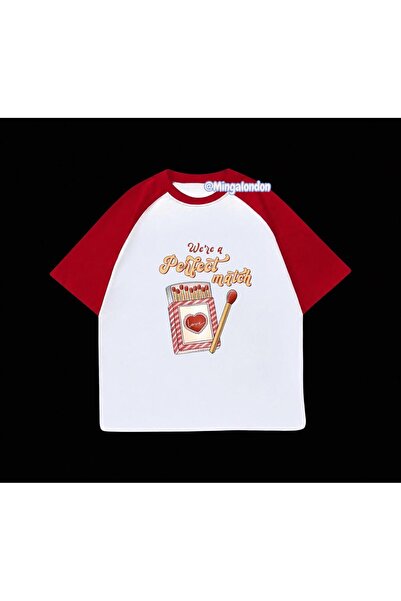 Minga London We'Re a Perfect Match Printed Red Raglan Sleeve T-Shirt