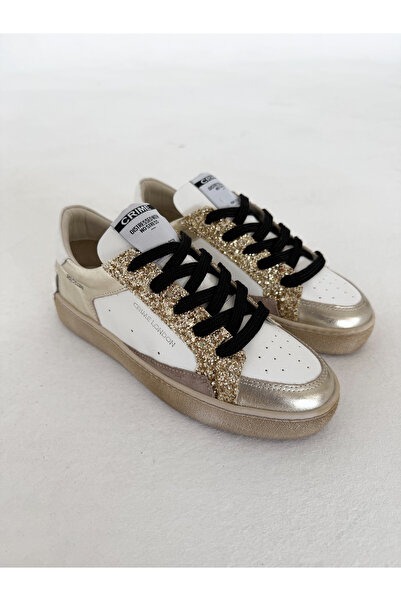 alkushoes Hakiki Deri Simli Krem Kadın Bağcıklı Sneaker Günlük Spor Ayakkabı