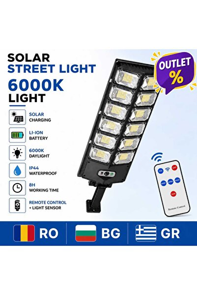 ASMXX Lampă Solară Stradală LED 300W, 6000K, cu Telecomandă, Senzor de Lumină...