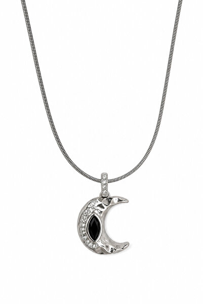 Jack Ferrero Stylish Steel Moon Figured Shiny Women's Necklace with Black Sto...