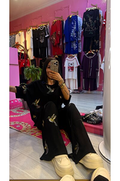 Mercandamoda Siyah Kuş Model Taşlı Eşofman Takımı
