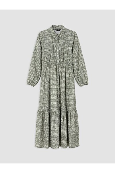 LC Waikiki Lcw Modest Green Shirt Collar Patterned Waist Fit Dress