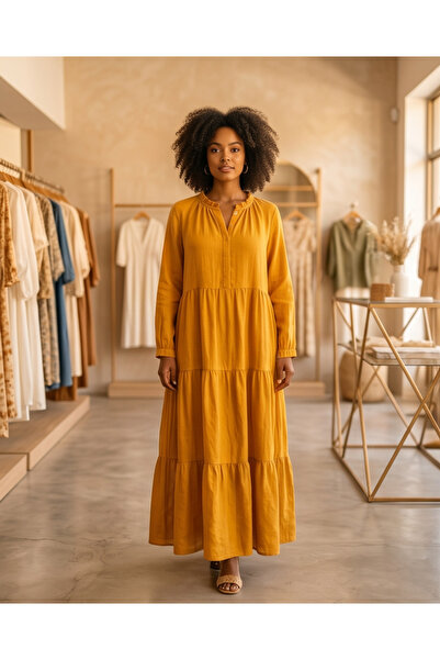 İthal Kadın Resort Wear V Yaka Keten Salaş Elbise