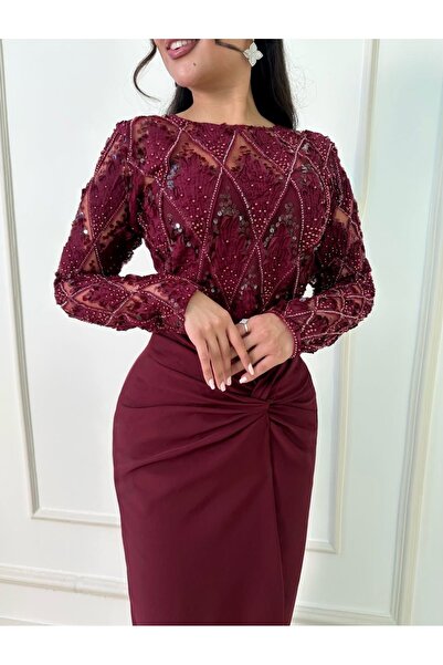 Moda Line Elegant Embroidered Dress in Burgundy