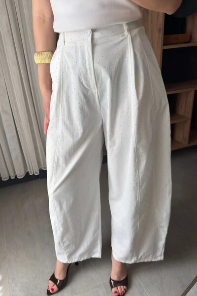 Suziş Stone-Embellished Pleated White Balloon Pants 51434