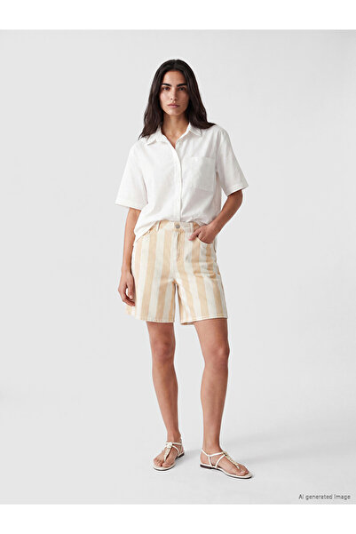 LC Waikiki Yellow Bermuda Fit Striped Women's Jean Shorts