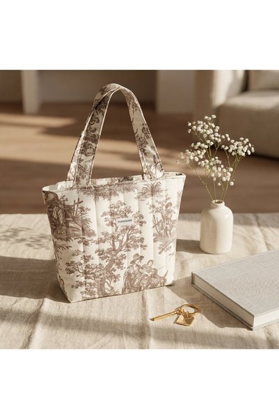 PURSEMARK حقيبة كتف نسائية منقوشة بتصميم عتيق - حقيبة يد يومية كبيرة الحجم من القماش البيج مع سحاب