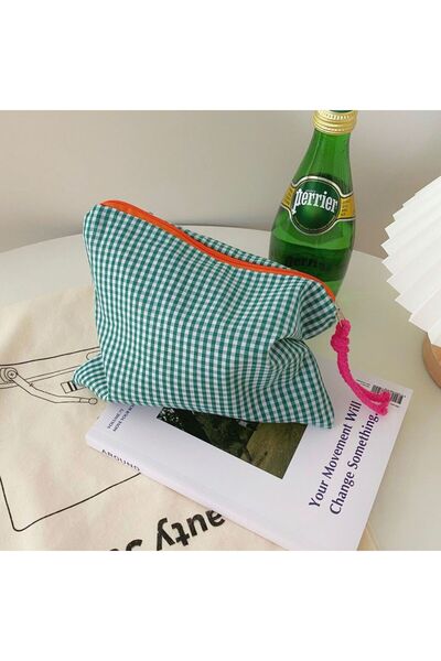 Choice4 Green Large-Capacity Plaid Makeup Bag for Women Ins Style Portable Co...