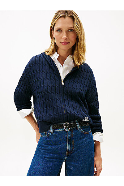 Tommy Hilfiger CO JERSEY STITCH C-NK LS CARDI Kadın Mavi Kazak - WW0WW42370