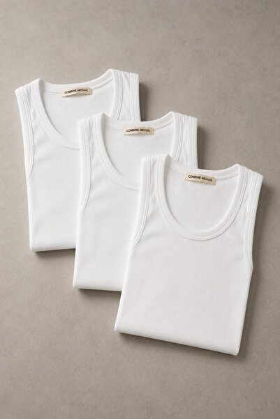 COMBİNE MİCHAİL Men's Flexible 3-Piece White Ribbed Undershirt