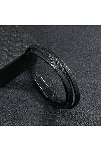 Choice3 black New Fashion Men Leather Bracelet 3 Layers Magentic Buckle Wrap ...