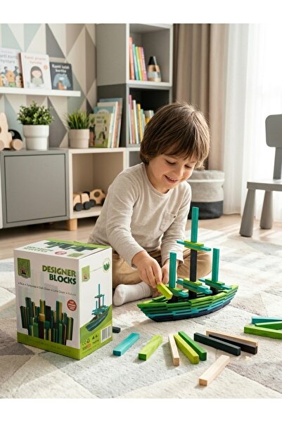 True Toys Ahşap Tasarım Blokları 100 Parça - Eğitici Renkli Denge ve Yapı İnş...