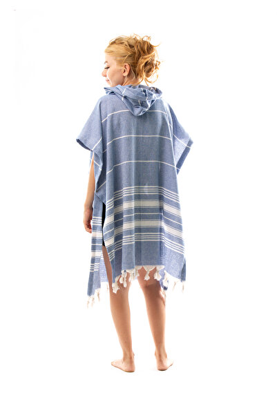 ÇARŞAF DÜNYASI Women's Bathrobe Poncho Peshtemal Cotton Blue