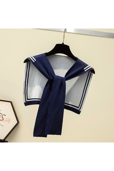 Choice4 Navy blue Korean College Navy Stripe Wool Knit Shoulder Cape Knotted ...