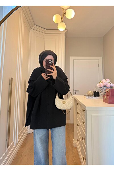 SOİ Angora Cardigan with Covered Buttons and Shawl Scarf in Black