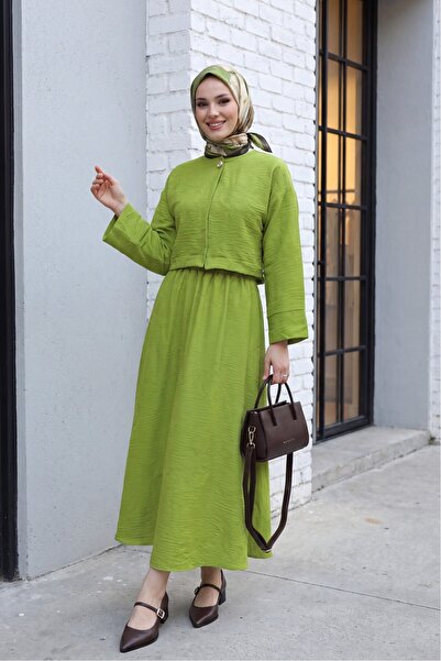 Modamorfo Single Button Embroidered Skirt Linen Look Suit - Pistachio Green