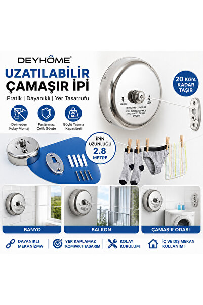 DEYHOME Paslanmaz Çelik Geri Çekilebilir Çamaşır İpi – 2.8 Metre Duvara Monte...