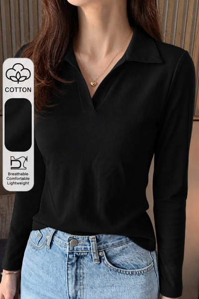 COOL TARZ Women's Polo Collar Long Sleeve Basic T-Shirt 100% Cotton Single Je...
