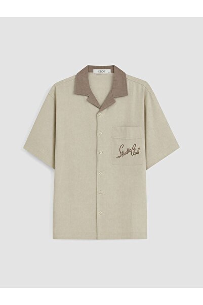 LC Waikiki Xside Beige Regular Fit Embroidered Men's Textured Shirt