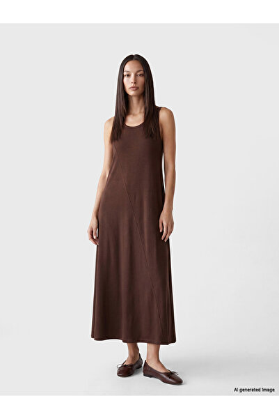 LC Waikiki Lcwaikiki Curve Brown Plus Size Crew Neck A-Line Dress