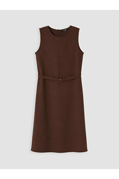 LC Waikiki Lcwaikiki Curve Brown Crew Neck Belted Dress