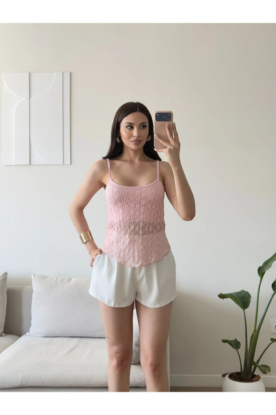 Zoom Butik Güpürlü Askılı Bluz - PEMBE