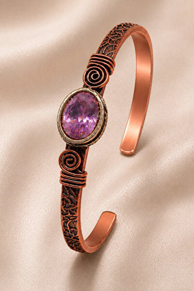 OSMANLI GÜMÜŞ Women's Copper Bracelet with Natural Pink Quartz and Natural St...
