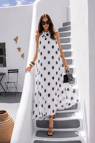 AsprinFashion Women's Imported White Polka Dot Maxi Dress Pleated Chiffon Eve...