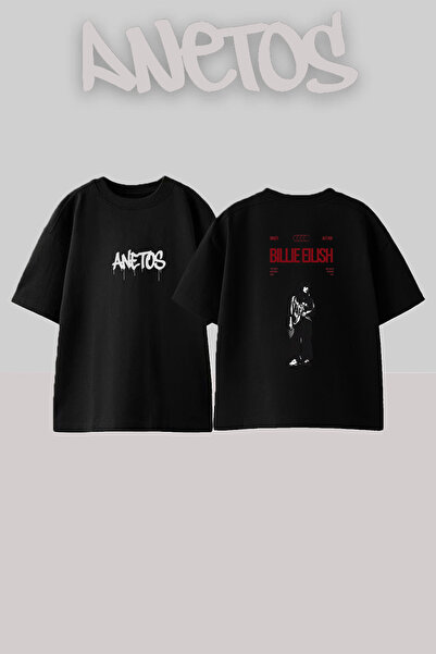 Anetos Μπλουζάκι Billie Eilish_152 με στάμπα σχεδίου, μαύρο, μεγάλου μεγέθους