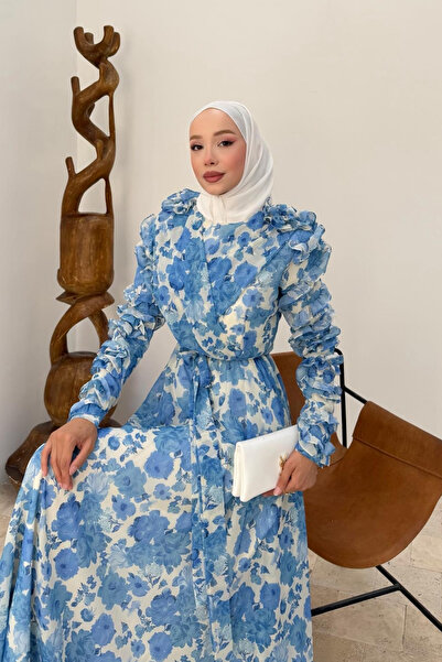 fushya design Kol Fırfır Detaylı Desenli Şifon Elbise