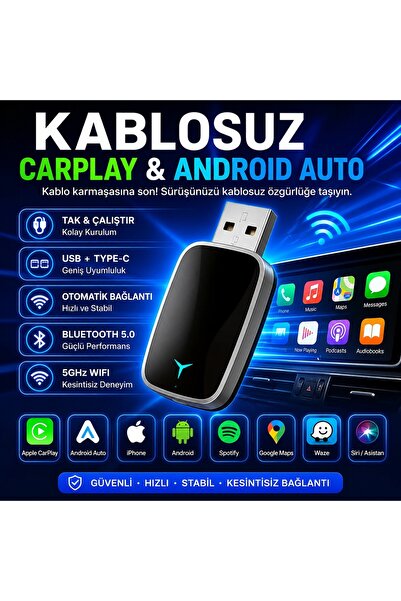 Genel Markalar Kablosuz CarPlay Android Auto Dönüştürücü USB & Type-C Mini Ad...