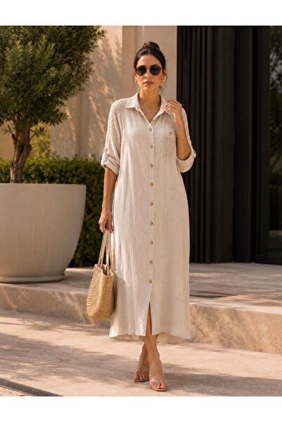 yusracollectionn Women's Italian Linen Mesh Detailed Buttoned Shirt Dress