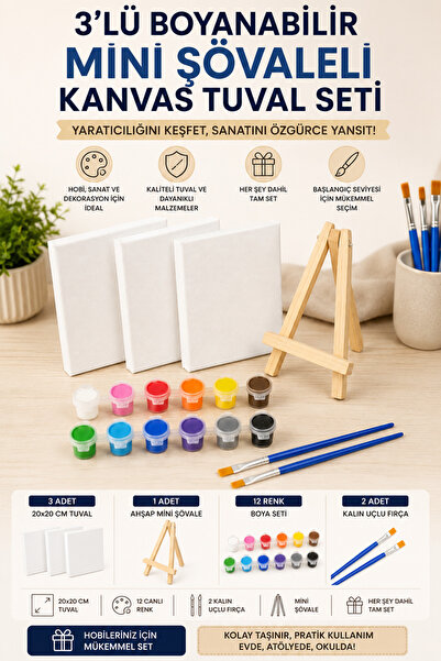 corvo hobi Hobi 3'lü Mini Şövaleli Boyanabilir Kanvas Tuval Seti 20x20 cm – 1...