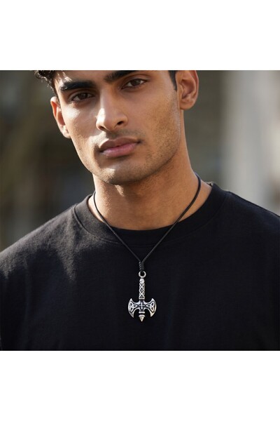 Hedea Celtic Knot Battle Axe Chrome Plated Oiled Cotton Cord Men Women Necklace