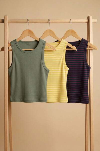 COTENCONCEPT 3 Pieces of Ribbed Fitted Viscose Blended Strappy T-Shirt