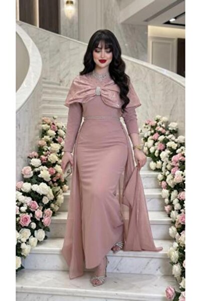 vela Lhami Bowknot Pearl Embellished Evening Dress with Detachable Tail