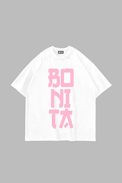 Sekizbiraltı Bonita Pink Pink Lettered White Oversize Tshirt