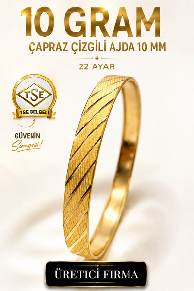 Aks Gold 22 Ayar TSE Belgeli (10 GRAM) Çapraz Çizgili Ajda 10 mm Ajda Altın B...