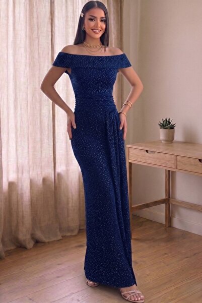 Aysan Moda Off Shoulder Draped Glitter Evening Dress
