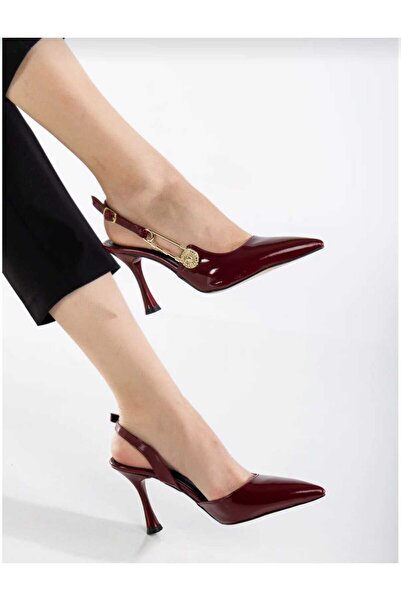 lady feet Kadın Sivri Burun Konik 7cm Topuklu bordo Slingback Yandan Tokalı Y...