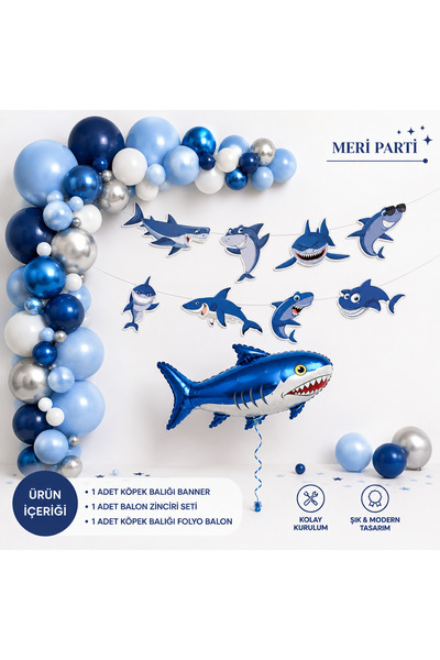 MERİ PARTİ Shark Balloon Chain Set 50 Pieces Banner and Foil Balloon Sea Them...