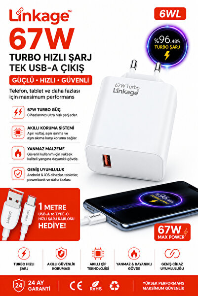 Linkage 67W USB-A Turbo Hızlı Şarj Aleti Type-C Kablolu Telefon Şarj Adaptörü...