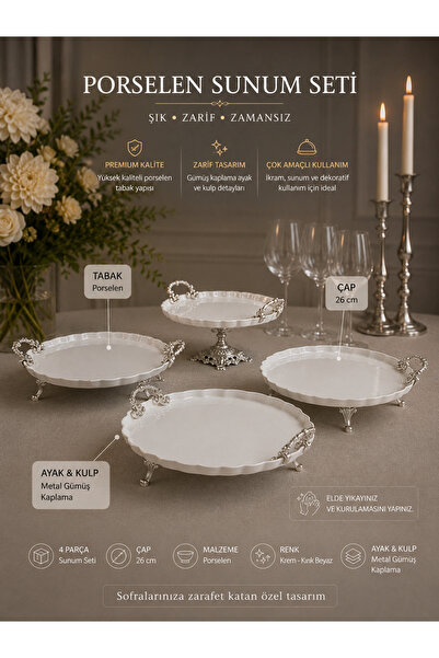 Sillage Home 4 Piece Porcelain Presentation Set Gold/Silver Metal Footed Crea...
